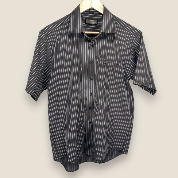 Giorgio Armani Le Collezioni Short Sleeve Button Shirt Men 16.5 Gray Striped - Picture 1 of 9